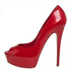 Pre Owned Casadei Red Patent Leather Platform Peep Toe Pumps Size 39