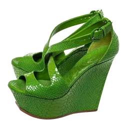 Pre Owned صندل كاسادي سير كاحل نعل سميك جلد نقشة الثعبان أخضر مقاس 36.5