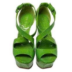 Pre Owned صندل كاسادي سير كاحل نعل سميك جلد نقشة الثعبان أخضر مقاس 36.5