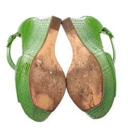 Pre Owned صندل كاسادي سير كاحل نعل سميك جلد نقشة الثعبان أخضر مقاس 36.5