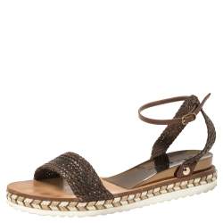 Pre Owned Casadei Brown Leather Ankle Strap Flat Sandals Size 35