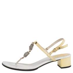 Pre Owned Gucci Cream/White Patent And Leather Thong Sandals Size 37.5