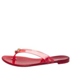 Pre Owned Casadei Red Jelly Crystal Embellished Thong Flat Sandals Size 40