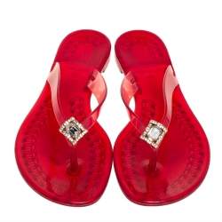 Pre Owned Casadei Red Jelly Crystal Embellished Thong Flat Sandals Size 40