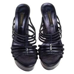 Pre Owned Casadei Blue Leather And Patent Leather Strappy Sandals Size 38.5