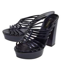 Pre Owned Casadei Blue Leather And Patent Leather Strappy Sandals Size 38.5