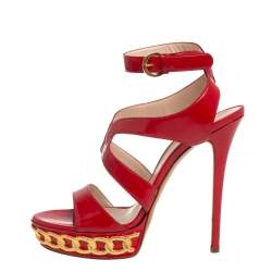 Pre Owned Casadei Red Patent Leather Crossover Platform Sandals Size 40