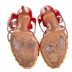 Pre Owned Casadei Red Patent Leather Crossover Platform Sandals Size 40