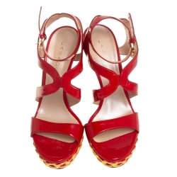 Pre Owned Casadei Red Patent Leather Crossover Platform Sandals Size 40