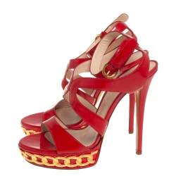 Pre Owned Casadei Red Patent Leather Crossover Platform Sandals Size 40