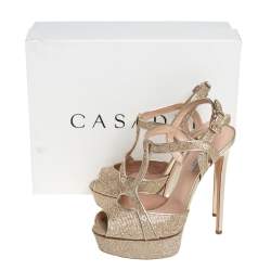 Pre Owned Casadei Metallic Golden Gliiter And Lamé Fabric Taglia T-Strap Peep Toe Platform Sandals Size 40