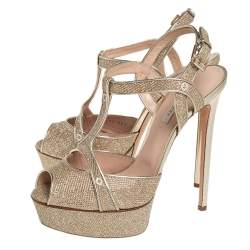 Pre Owned Casadei Metallic Golden Gliiter And Lamé Fabric Taglia T-Strap Peep Toe Platform Sandals Size 40