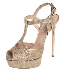 Pre Owned Casadei Metallic Golden Gliiter And Lamé Fabric Taglia T-Strap Peep Toe Platform Sandals Size 40