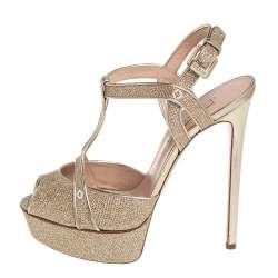 Pre Owned Casadei Metallic Golden Gliiter And Lamé Fabric Taglia T-Strap Peep Toe Platform Sandals Size 40