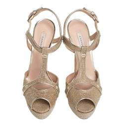 Pre Owned Casadei Metallic Golden Gliiter And Lamé Fabric Taglia T-Strap Peep Toe Platform Sandals Size 40