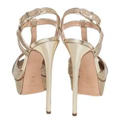 Pre Owned Casadei Metallic Golden Gliiter And Lamé Fabric Taglia T-Strap Peep Toe Platform Sandals Size 40