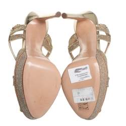 Pre Owned Casadei Metallic Golden Gliiter And Lamé Fabric Taglia T-Strap Peep Toe Platform Sandals Size 40