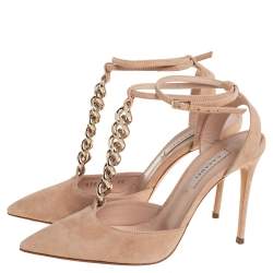 مملوكة مسبقًا Casadei Beige Suede Chain Strap Pumps Size 36