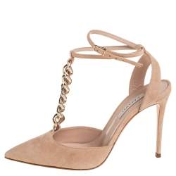 مملوكة مسبقًا Casadei Beige Suede Chain Strap Pumps Size 36