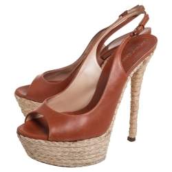 Pre Owned Casadei Brown Leather Peep Toe Platform Slingback Sandals Size 37