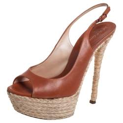 Pre Owned Casadei Brown Leather Peep Toe Platform Slingback Sandals Size 37