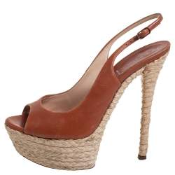 Pre Owned Casadei Brown Leather Peep Toe Platform Slingback Sandals Size 37