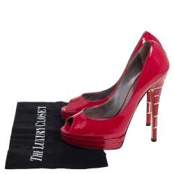 Pre Owned حذاء كعب عالي كاسادي نعل سميك مقدمة مفتوحة جلد لامع أحمر مقاس 36.5 