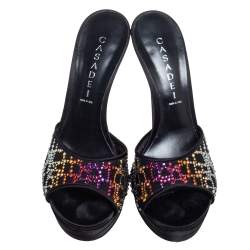 Pre Owned Casadei Black Satin Crystal Embellished Platform Open Toe Slide Sandals Size 38