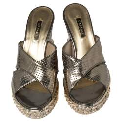 Pre Owned Casadei Metallic Bronze Perforated Leather Wedge Slide Sandals Size 38