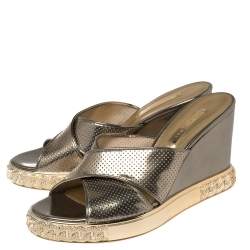 Pre Owned Casadei Metallic Bronze Perforated Leather Wedge Slide Sandals Size 38