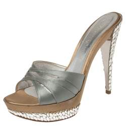 Pre Owned Casadei Grey Satin Crystal Embellished Platform Open Toe Slide Sandals Size 40