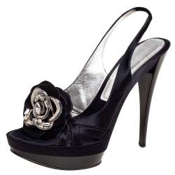 Pre Owned Casadei Black Satin Crystal Embellished Slingback Sandals Size 39
