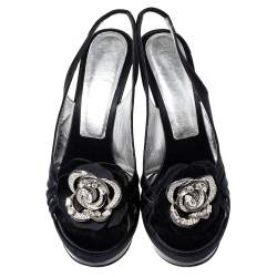Pre Owned Casadei Black Satin Crystal Embellished Slingback Sandals Size 39