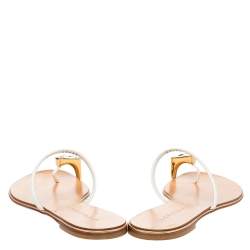 Pre Owned Casadei White Patent Leather Crystal Embellished Flats Size 37