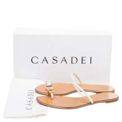 Pre Owned Casadei White Patent Leather Crystal Embellished Flats Size 37