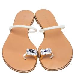 Pre Owned Casadei White Patent Leather Crystal Embellished Flats Size 37