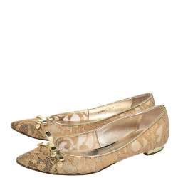Pre Owned Casadei Gold Floral Lace And Leather Pointed Toe Ballet Flats Size 39.5