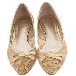 Pre Owned Casadei Gold Floral Lace And Leather Pointed Toe Ballet Flats Size 39.5