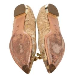 Pre Owned Casadei Gold Floral Lace And Leather Pointed Toe Ballet Flats Size 39.5