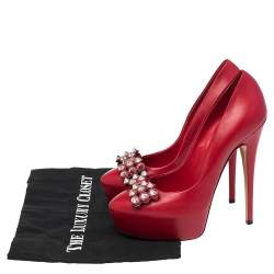 Pre Owned حذاء كعب عالي كاساديه نعل سميك فيونكة مرصع جلد أحمر مقاس 38