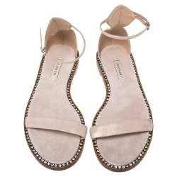 Pre Owned Casadei Metallic Pale Pink Suede Crystal Embellished Ankle Strap Flat Sandals Size 39