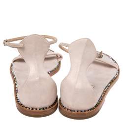 Pre Owned Casadei Metallic Pale Pink Suede Crystal Embellished Ankle Strap Flat Sandals Size 39