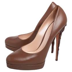 Pre Owned Casadei Brown Leather Sculpted Heel Platform Pumps Size 40