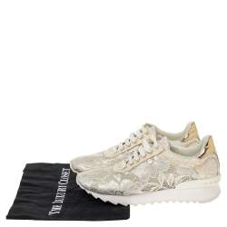 Pre Owned Casadei White/Gold Lace and Leather Trim Lace Up Sneakers Size 38