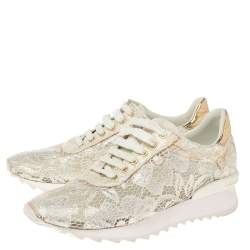 Pre Owned Casadei White/Gold Lace and Leather Trim Lace Up Sneakers Size 38
