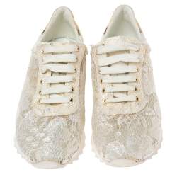 Pre Owned Casadei White/Gold Lace and Leather Trim Lace Up Sneakers Size 38