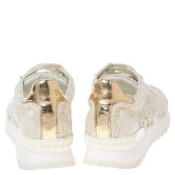 Pre Owned Casadei White/Gold Lace and Leather Trim Lace Up Sneakers Size 38