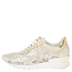 Pre Owned Casadei White/Gold Lace and Leather Trim Lace Up Sneakers Size 38
