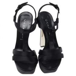 Pre Owned صندل كاساديه نعل سميك مقدمة مفتوحة سير حرف تي ساتان أسود مقاس 39.5