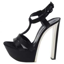 Pre Owned صندل كاساديه نعل سميك مقدمة مفتوحة سير حرف تي ساتان أسود مقاس 39.5